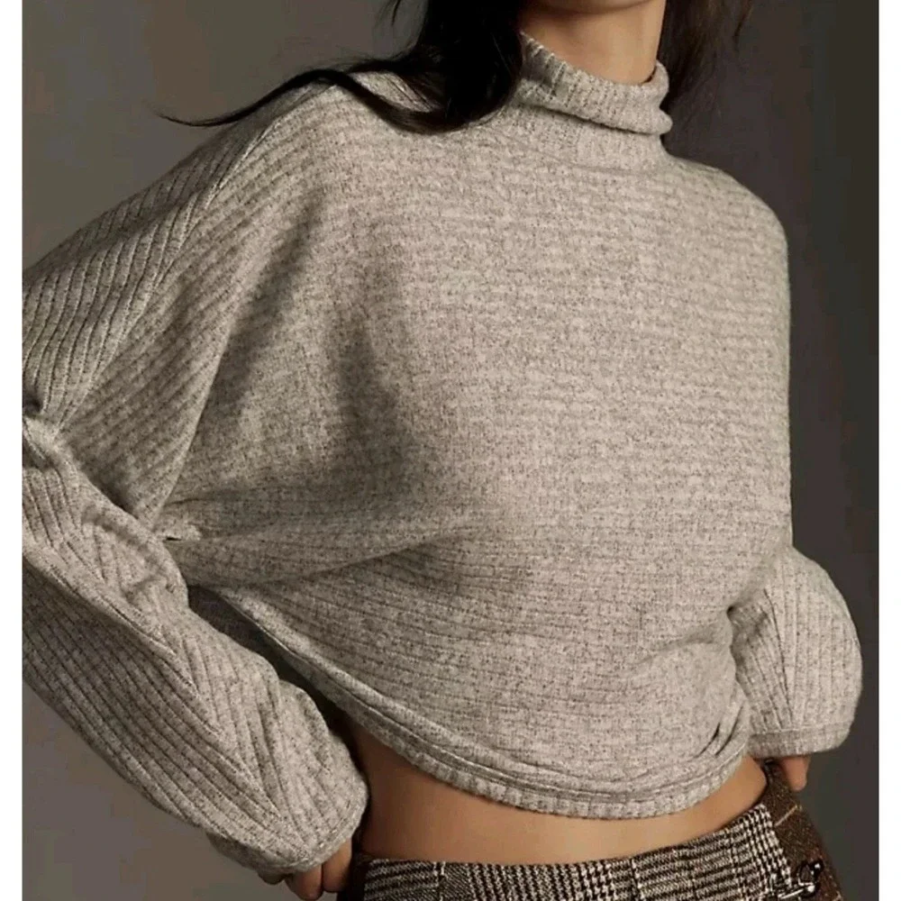 Anthropologie‎ PILCRO Size L Cozy Ribbed Turtleneck Batwing Pullover Top Gray